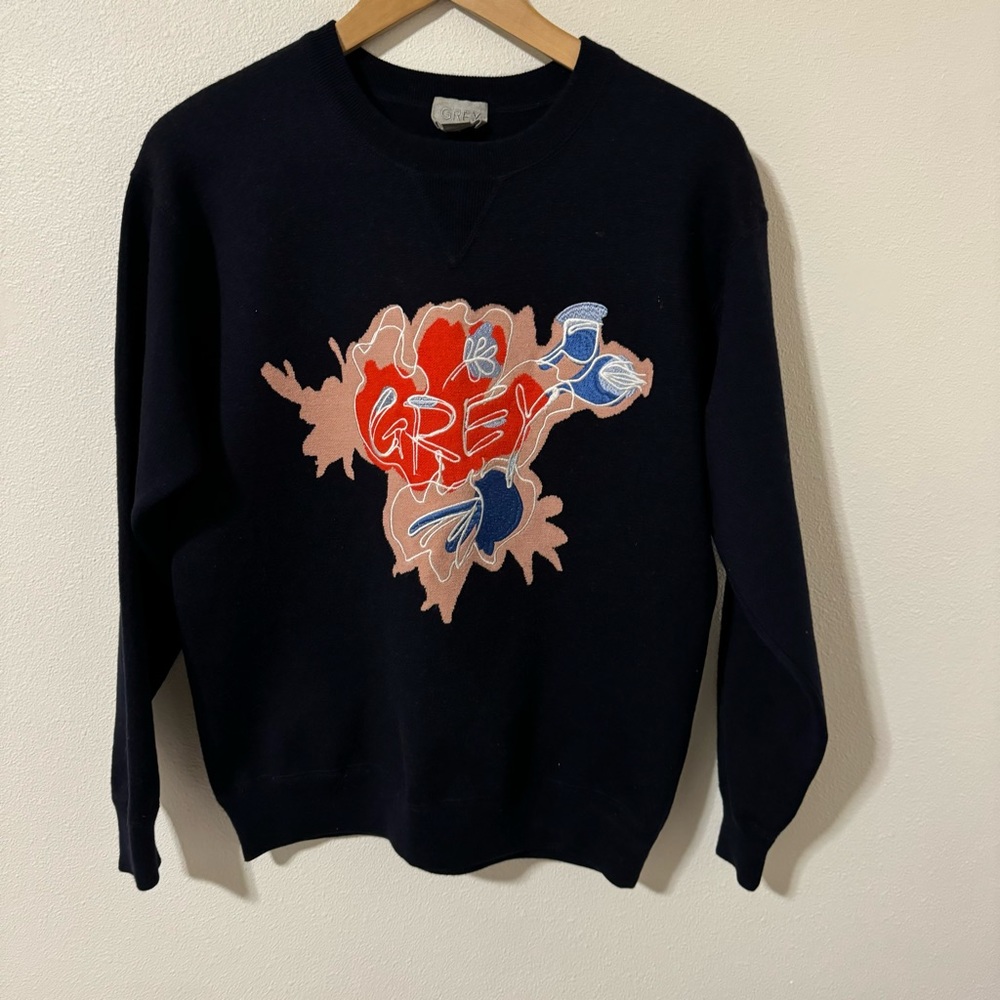 Grey Jason Wu Wool Blend Embroidered Crewneck Sweater Navy Spellout-XS